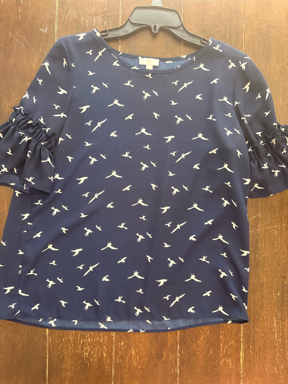 Navy Blue Bird Print Ruffle Sleeve Top